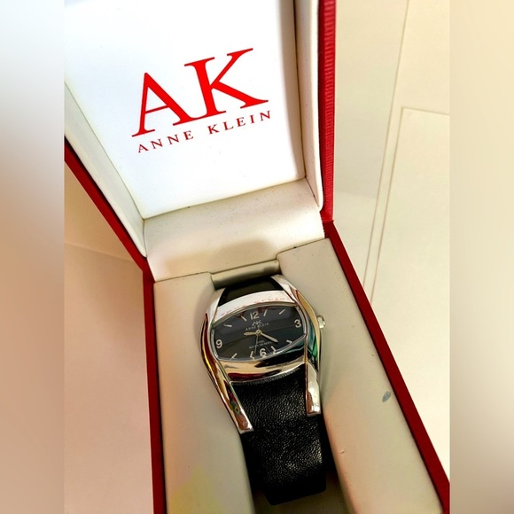 Anne Klein Black Genuine Leather Watch Stainless Quartz 10/5797 Y121E With Case - Picture 1 of 9